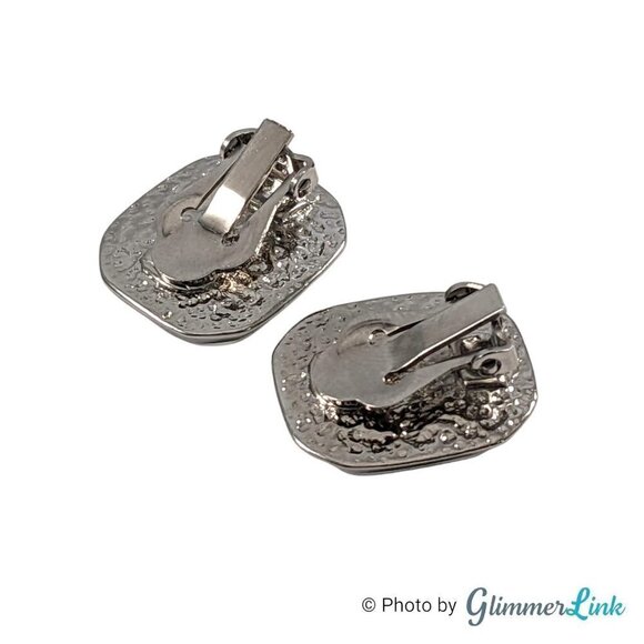 Vintage Black Rectangular Faceted Glass Stone Silver Tone Clip On Earrings - Picture 7 of 12